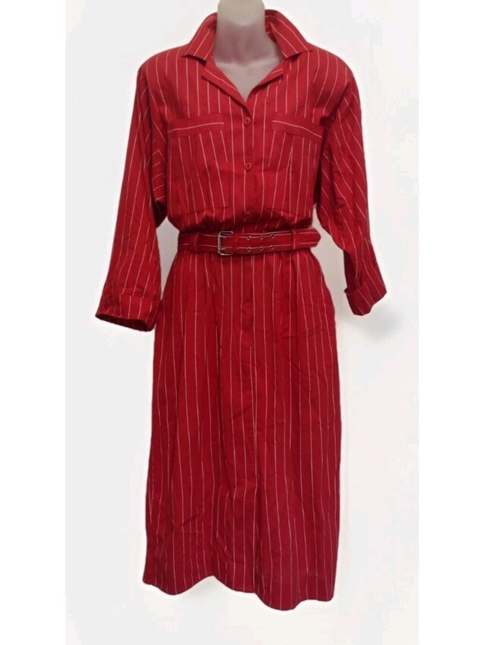 Vintage 1980s Womens Virgo II Dress Red Pinstripe Belted Power Dressing M/L